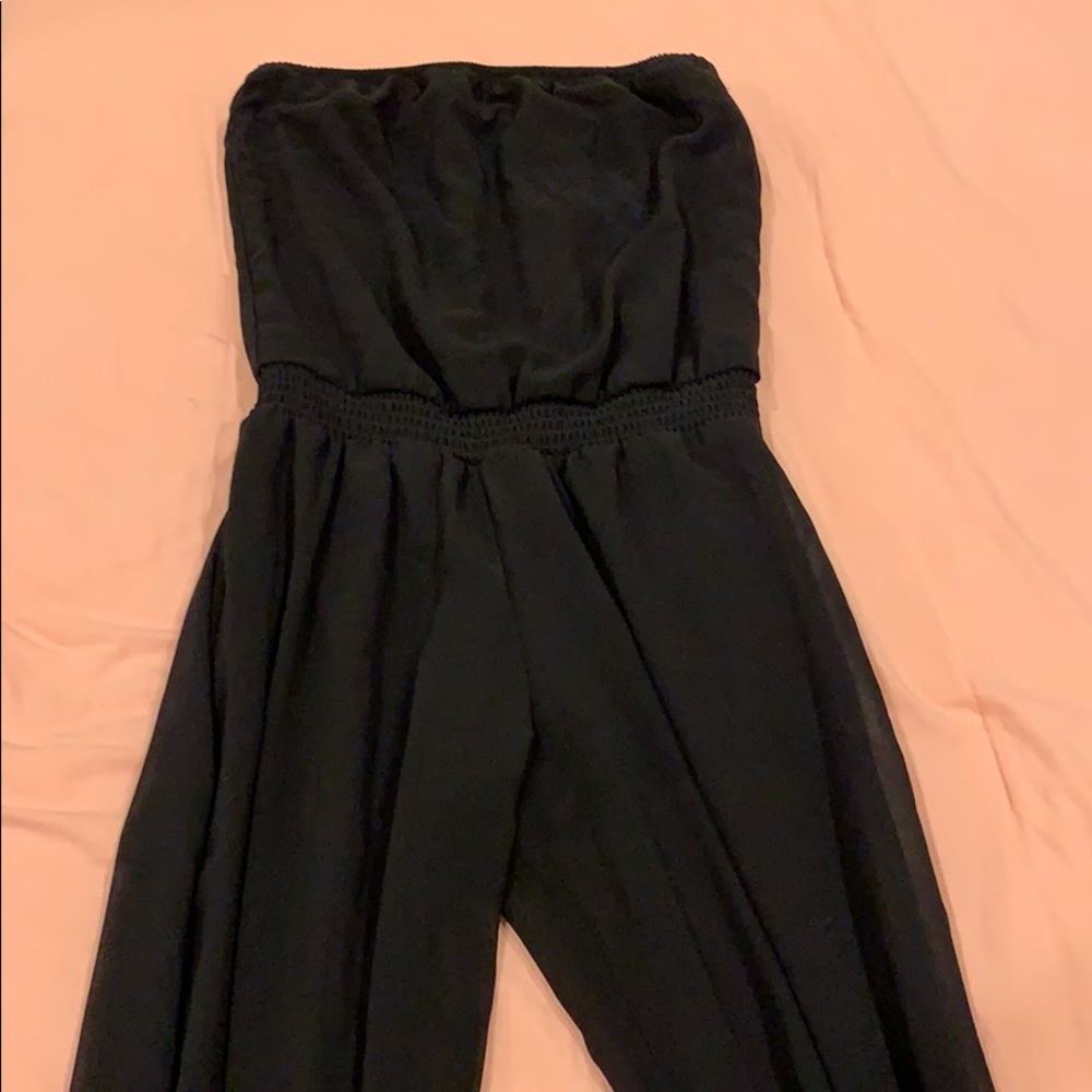 Strapless black jumpsuit with sheer legs